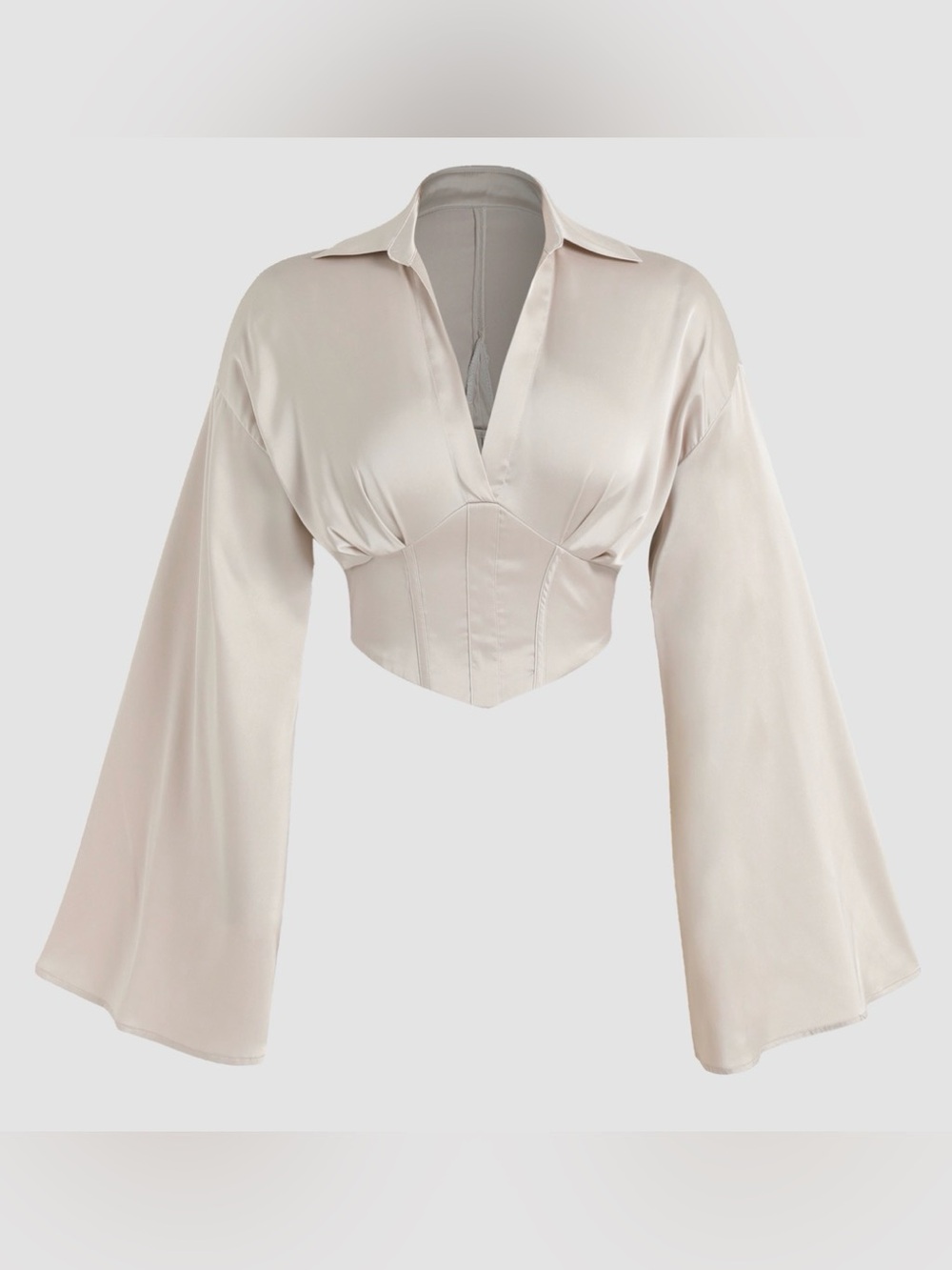 Cider Satin Bell Sleeve Corset Crop Top Size L Champagne Collared Y2K